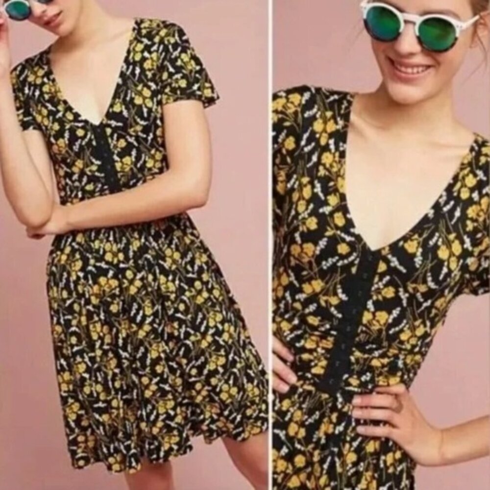 Maeve Anthropologie Summer Breeze Black Yellow Floral Knit Dress Women's S